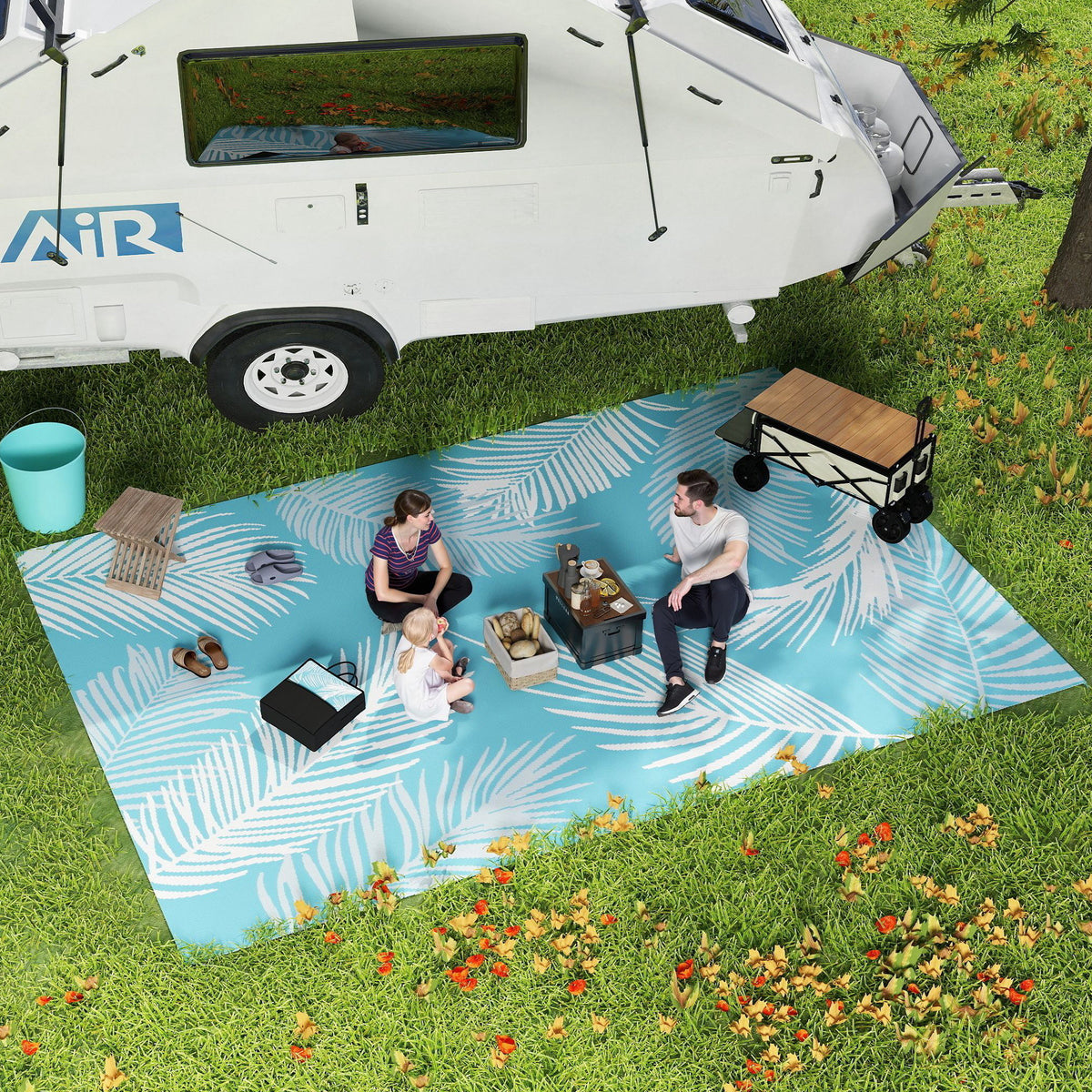 Tapis d'extérieur réversible 274x182 cm, tapis de sol en PP résistant aux intempéries, sac de transport, bleu