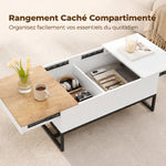 Table Basse Extensible avec Plateau Coulissant, Table de Salon avec Rangement Caché et Pieds en Acier, Blanc