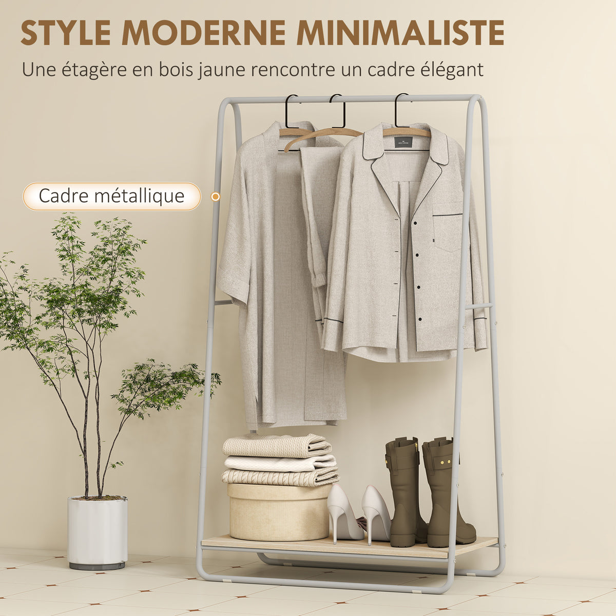 Portant à vêtement 3 en 1, portemanteau avec porte-chaussures, tringles supérieures et latérales, gris