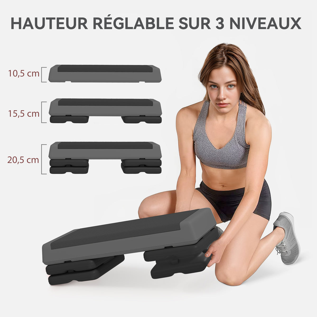 Stepper Fitness Aérobic 3 Niveaux, Hauteur Réglable 10,5/15,5/20,5 cm, Surface Antidérapante, Capacité 250 kg, Gris