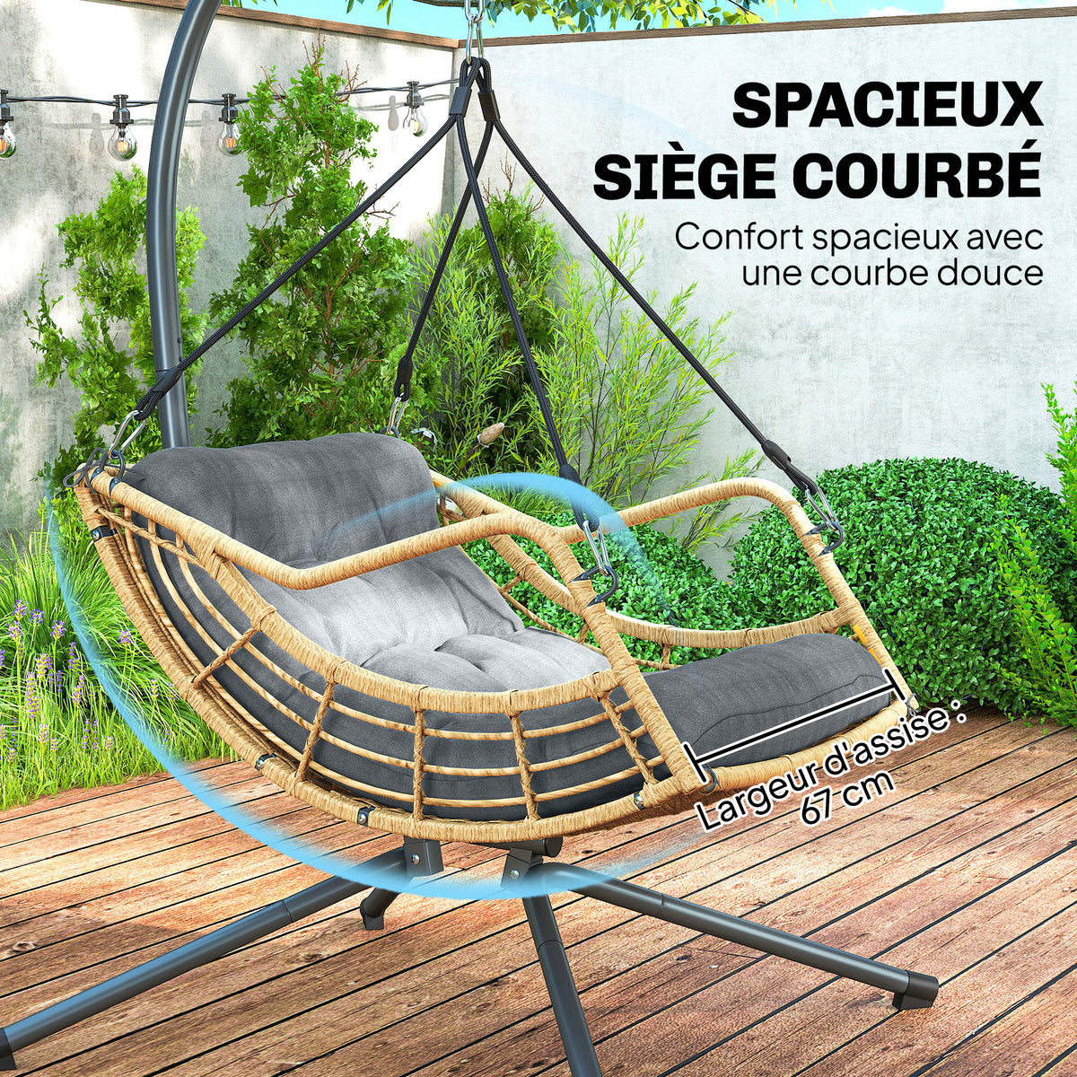 Fauteuil suspendu en résine tressée avec support, chaise suspendue, coussin, attache de sécurité, hauteur réglable, gris