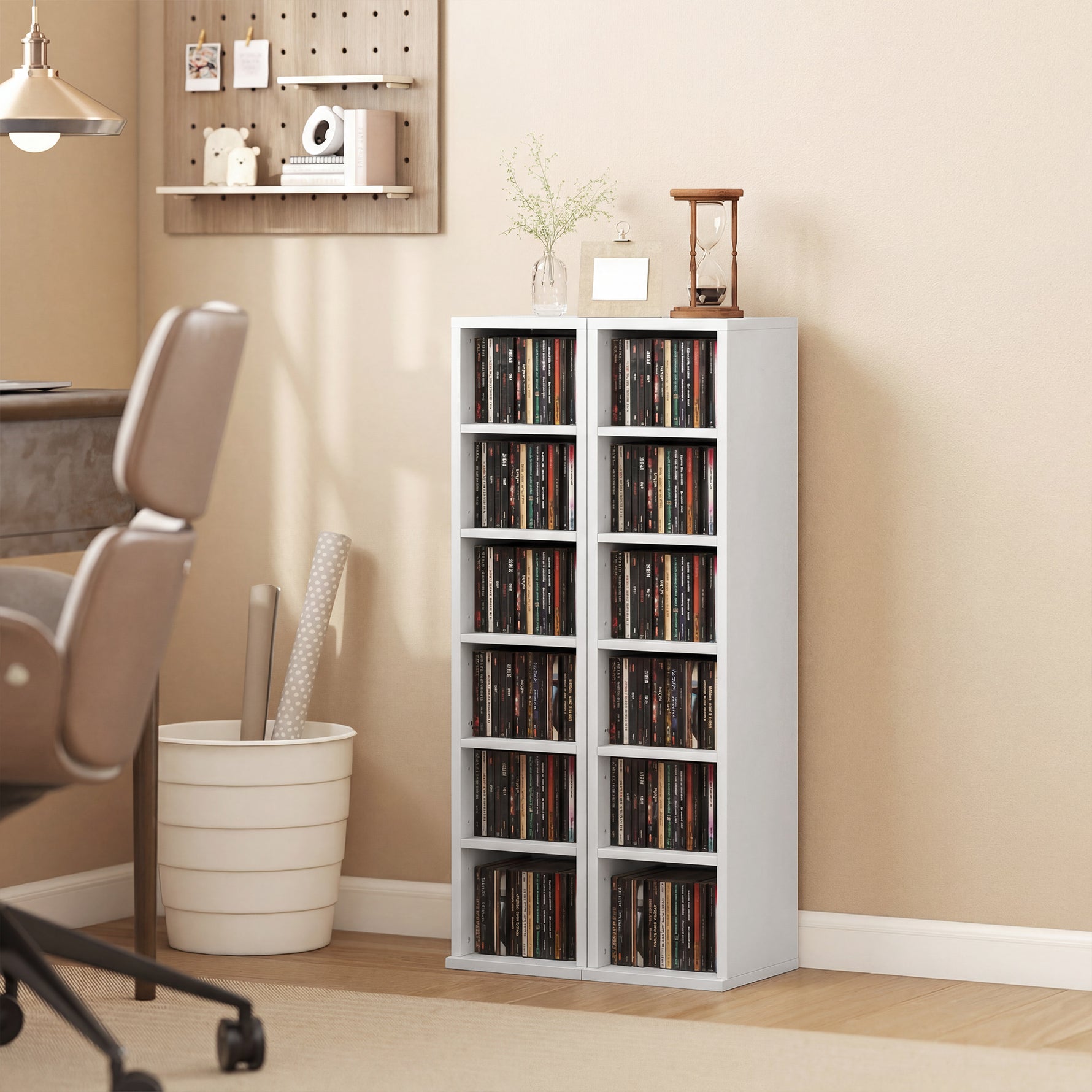 Lot de 2 étagères colonnes armoire de rangement CD-DVD 12 compartiments 21 x 22,5 x 88,5 cm capacité 204 CD blanc