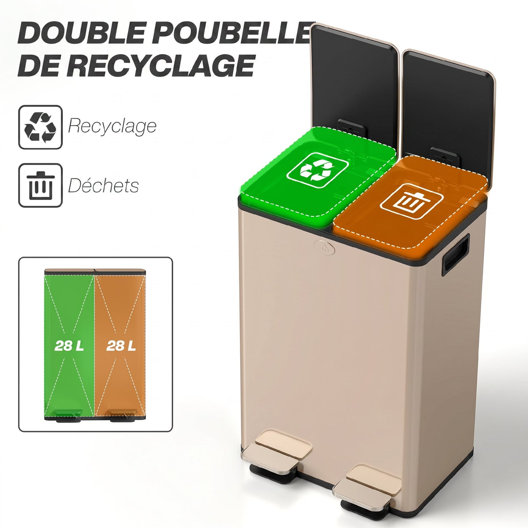 Poubelle de cuisine 2 compartiments de 2 x 28L, acier inoxydable, couvercle à fermeture douce, 45,8x36x67,6cm, or