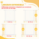 Adjustable Dog Safety Gate 76-107 cm, with 2 Extensions (10/15 cm), One-Handed Opening, No Drilling Required, White