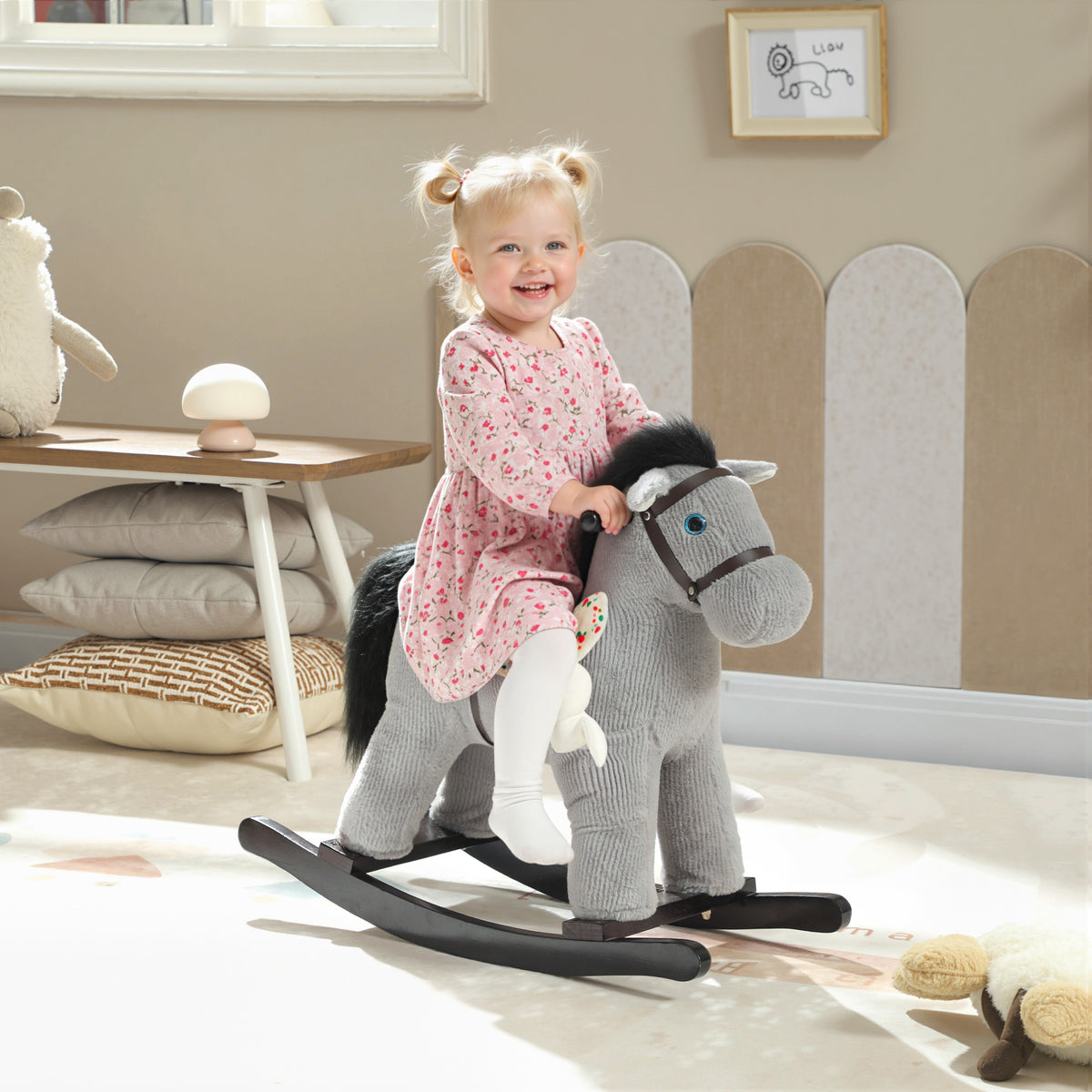 Cheval à bascule pour enfants, jouet à bascule bébé en peluche avec eouetffet sonore et poupée, 71 x 26 x 55 cm, gris