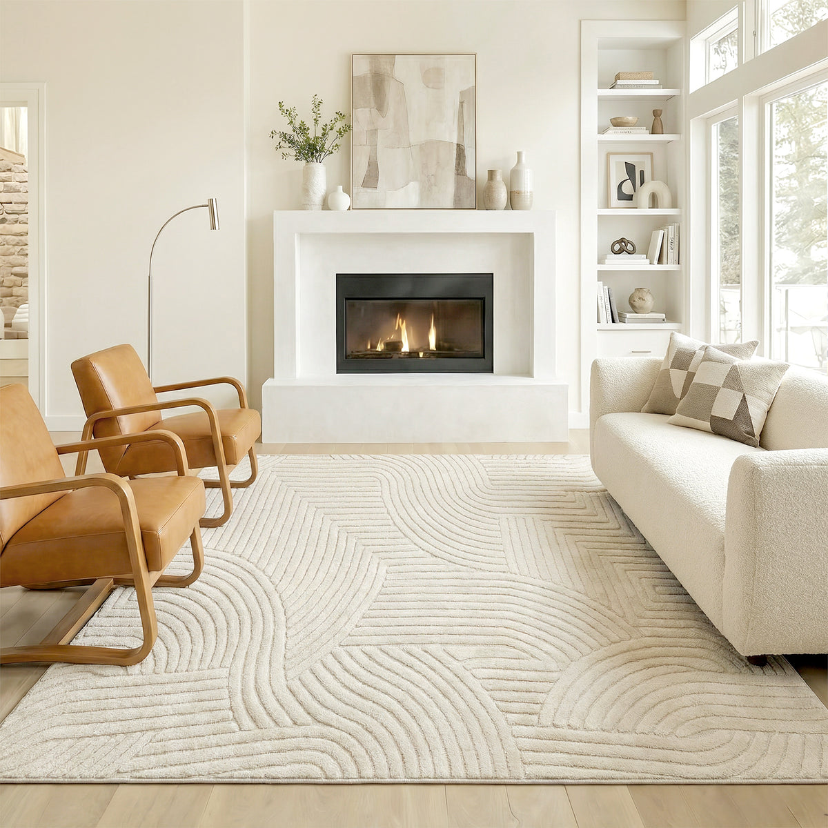 Tapis salon 200 x 140 cm, tapis à poils épais géométrique, moelleux et antidérapant, crème