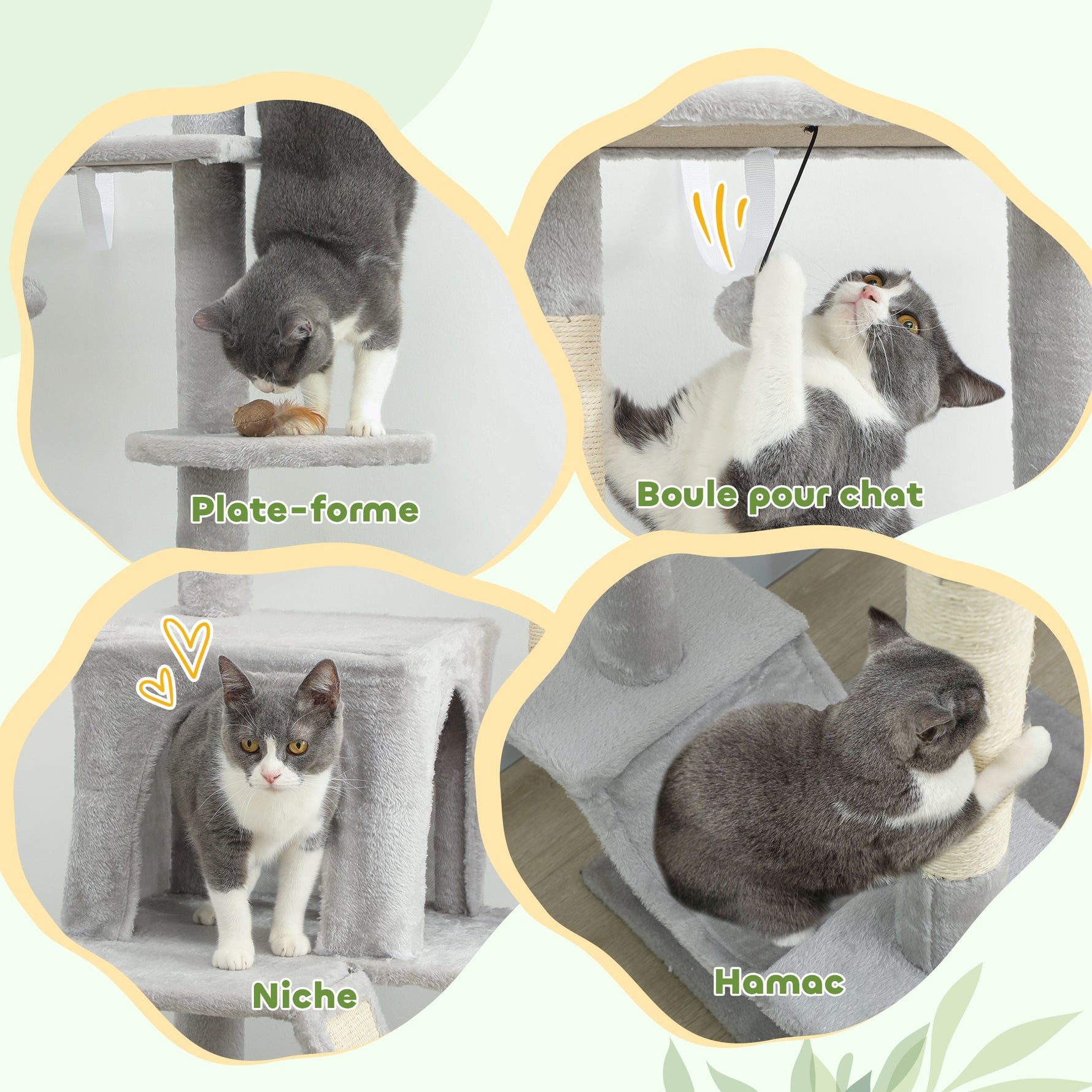 Arbre à chat du sol au plafond griffoir pour chat hauteur réglable 225-255 cm 6 niveaux avec niche hamac gris clair