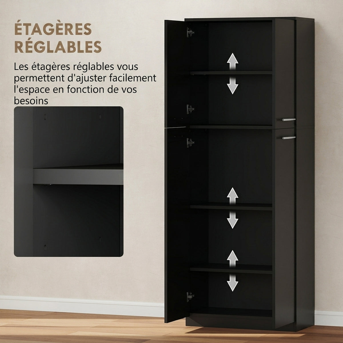 Hoher Küchenschrank, Küchenschrank mit 2 Türen und verstellbaren Einlegeböden, moderner Stil, 59 x 31 x 155 cm, Schwarz
