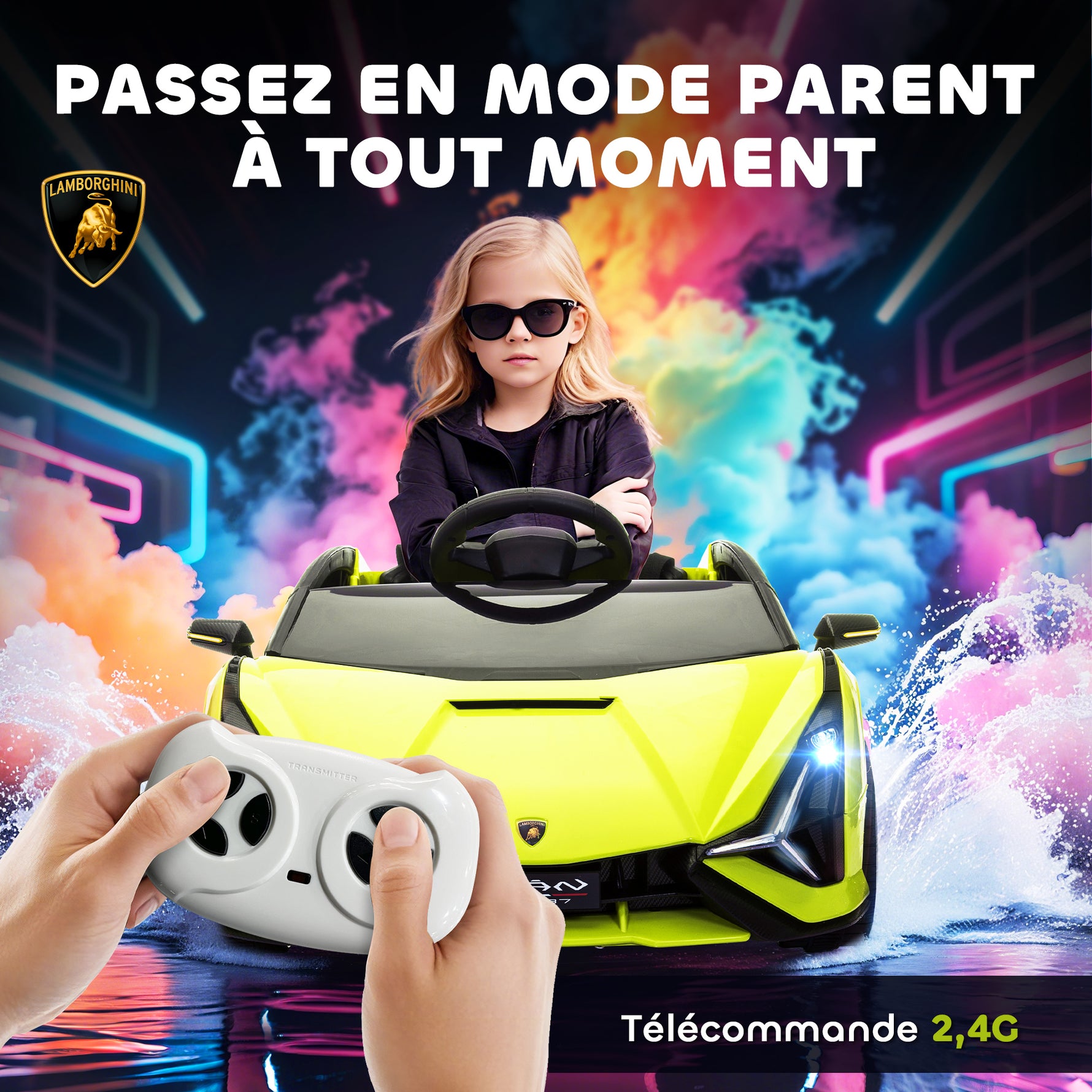 Voiture électrique Enfants de Sport Véhicule électrique Lamborghini Sian 12 V - V. Max. 5 Km/h avec Télécommande 2,4G Effets sonores + Lumineux Vert