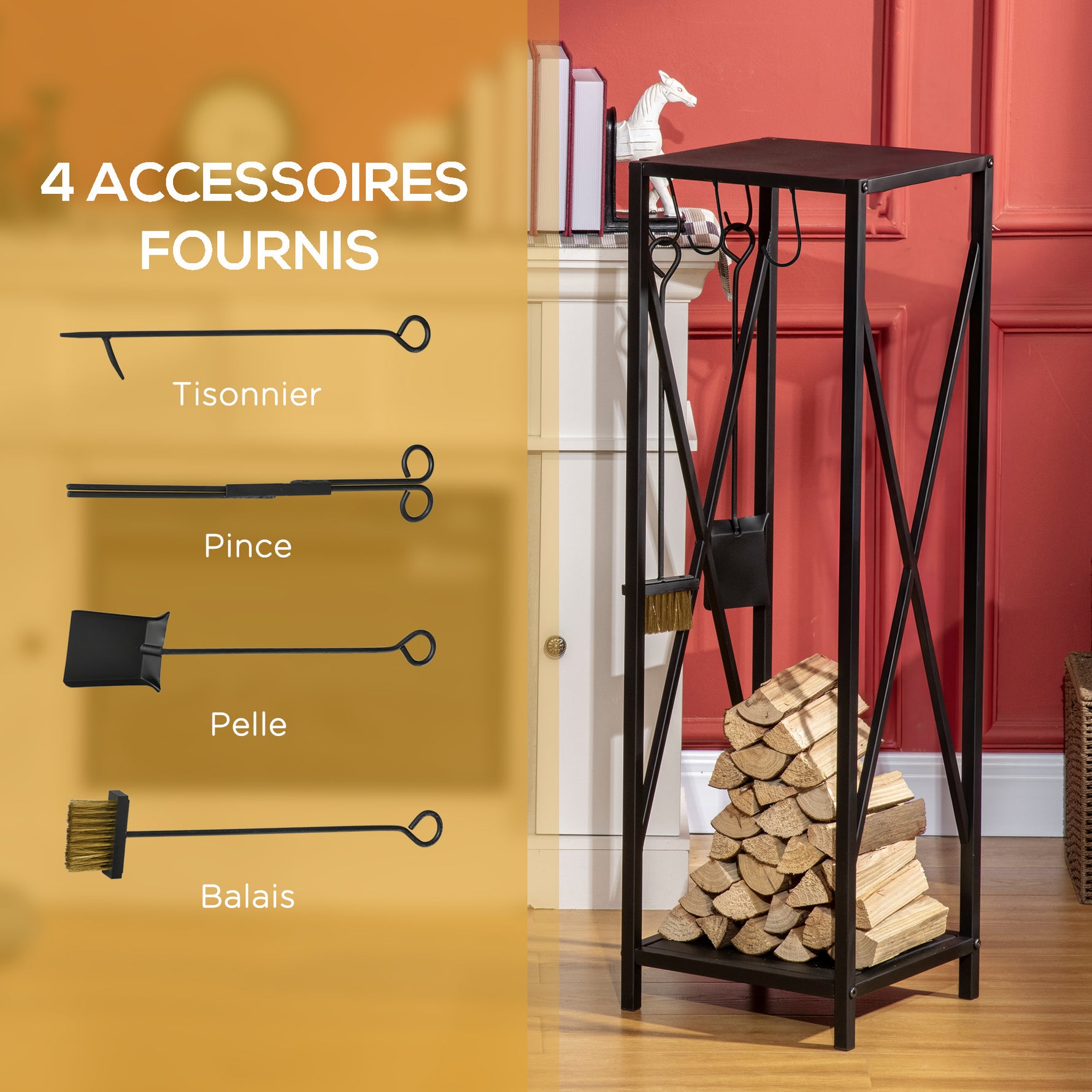 Porte bûches - Range bûches Serviteur de cheminée Colonne - Multi Accessoires dim. 34L x 34l x 111H cm métal Noir