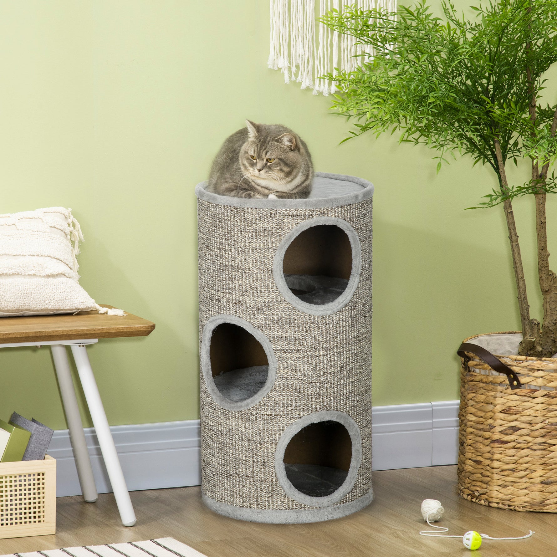 Tonneau à gratter pour chat, tour à griffer en sisal à 3 niveaux recouvert de peluche, Ø 38 x 70 cm, gris