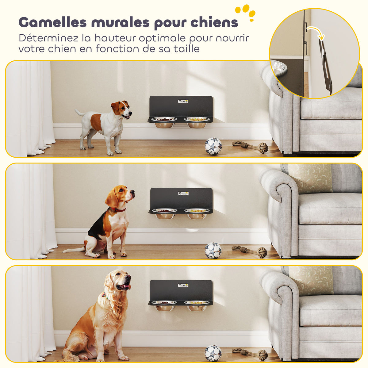 Gamelle Bol pour Chien Double Gamelle Support Mural 2 Bols Acier Inox 800ml Hauteur Réglable 42x23,5x14cm Noir