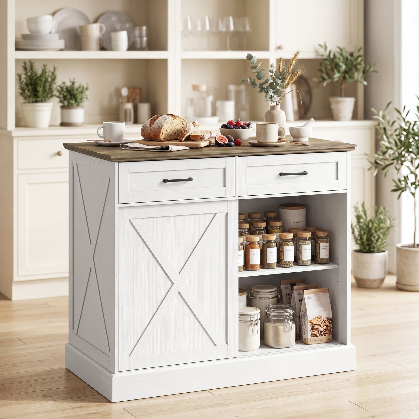 Îlot central cuisine, buffet cuisine, meuble de rangement avec 2 tiroirs 2 portes coulissantes, étagère réglable, blanc