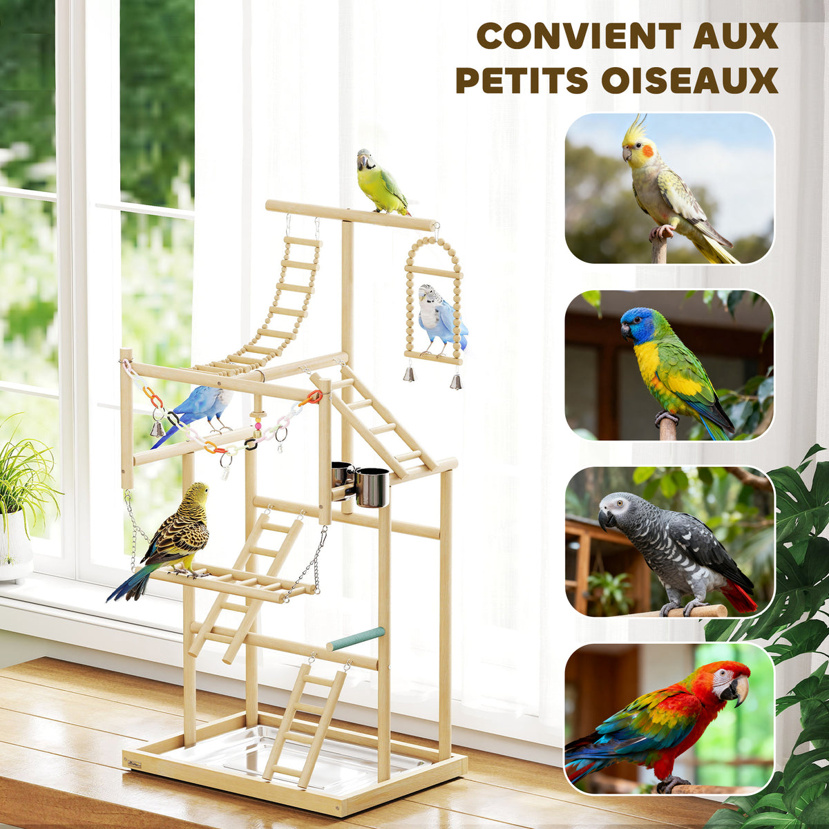 Aire de jeux pour oiseaux, terrain de jeu pour perroquet, échelles, jouet à chaîne, plateau, 48x38x95cm, bois naturel