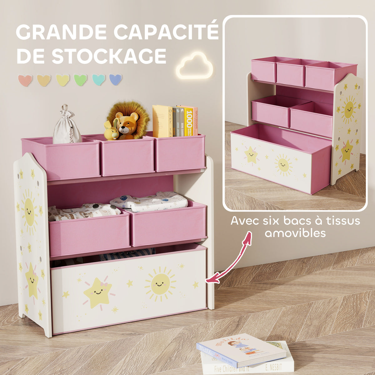 Meuble rangement enfant à 3 niveaux, étagère de rangement pour jouets enfants avec 6 boîtes en tissu amovibles, rose