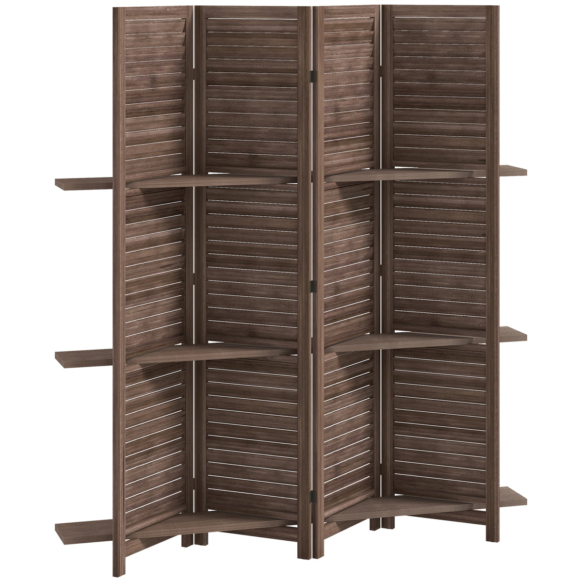 Paravent intérieur en bois 4 panneaux 160 x 170 cm, séparateur de pièce pliable avec 3 étagères, noyer