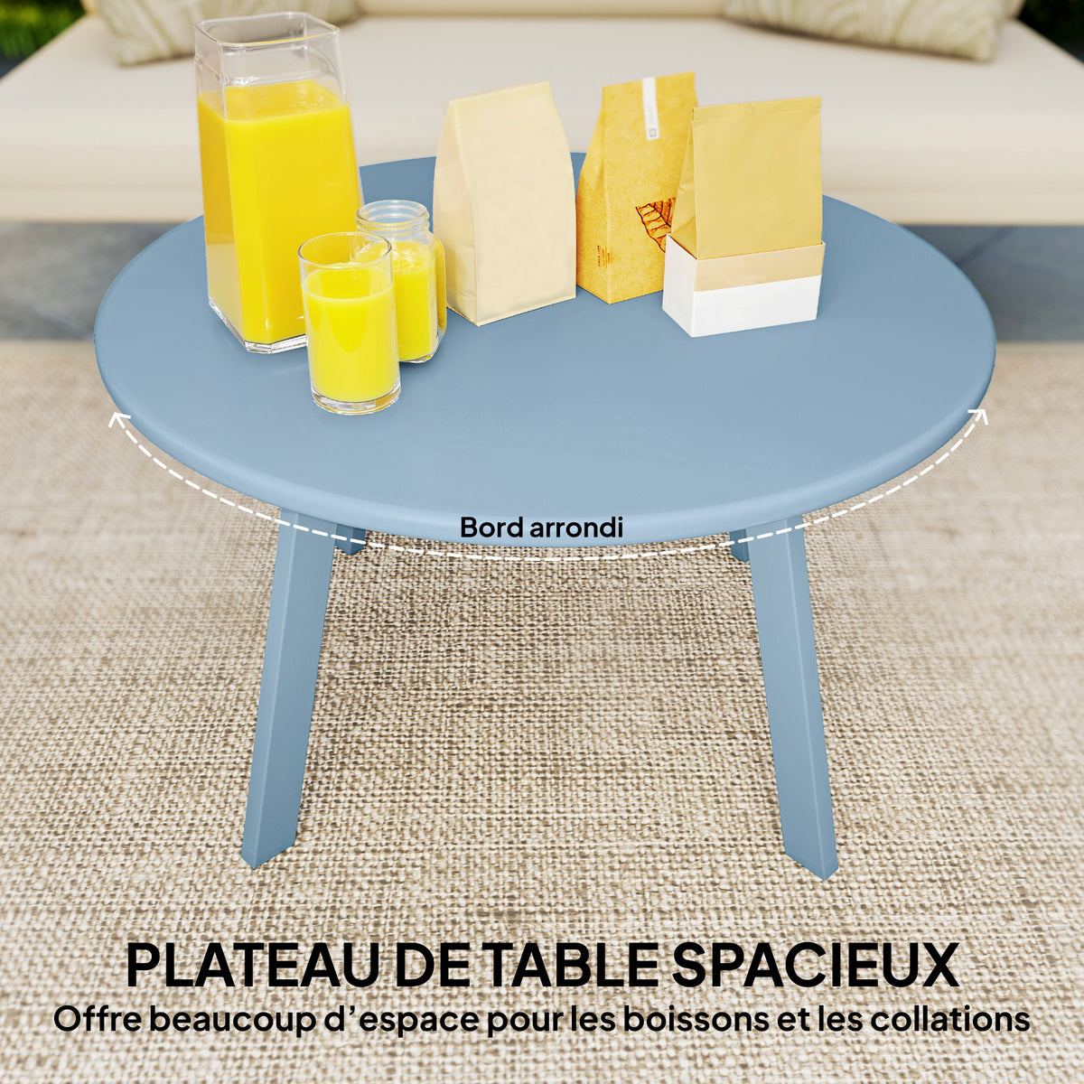 Petite table basse ronde, table d'appoint avec patins antidérapants, cadre en métal, pour jardin, Ø 70 x 42 cm, bleu
