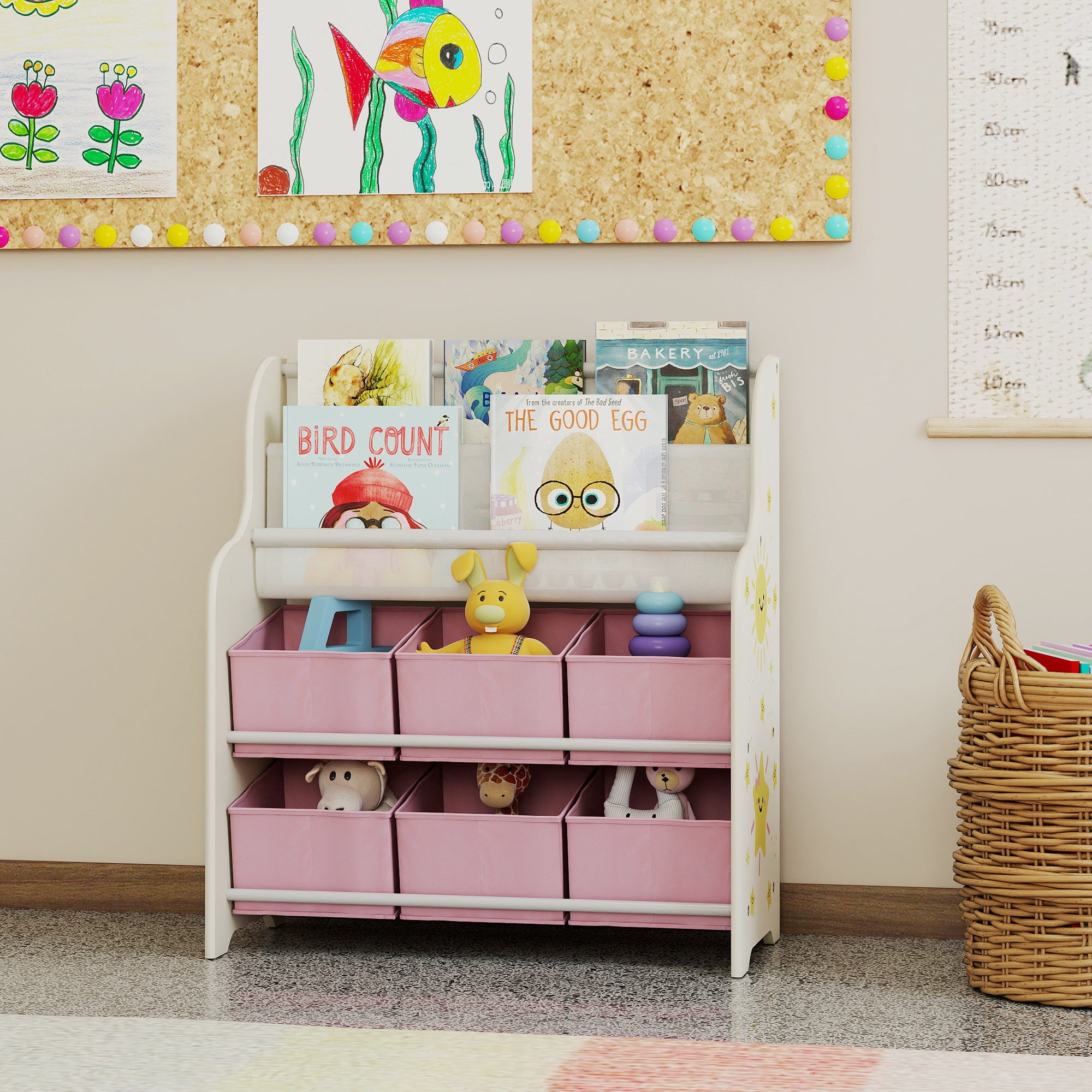 Meuble Rangement Enfant, Rangement Jouet Enfant, 6 Tiroirs en Tissu et Étagère à Deux Niveaux, 63x30x71cm, Rose