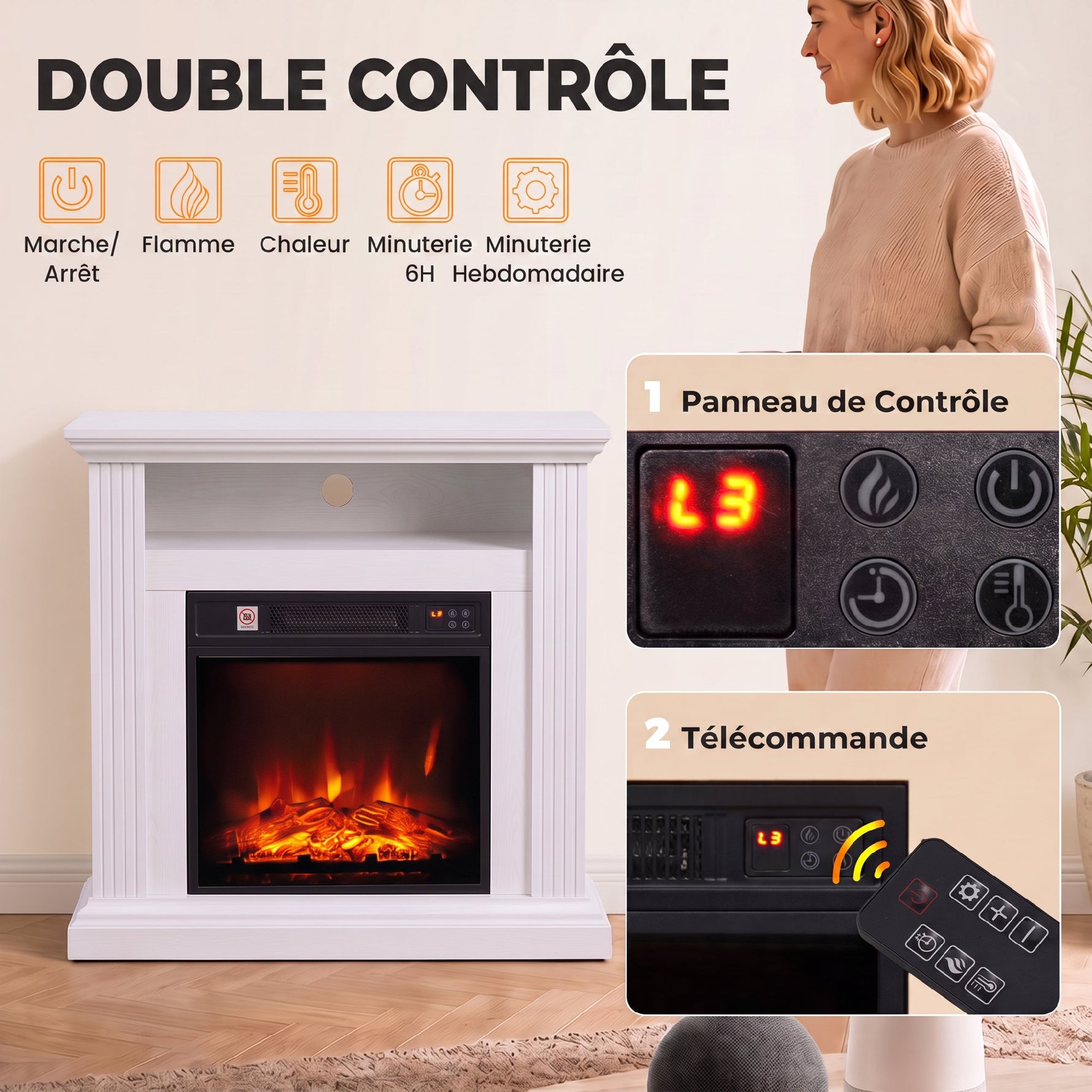 Cheminée Électrique 1800 W, Effet Flamme à 3 Niveaux de Luminosité, Fausse Cheminée avec Manteau, Effet Bois Blanc