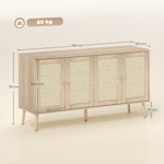 Buffet salon meuble de rangement placards à portes en cannage et étagère réglable 140 x 40 x 75 cm effet bois naturel