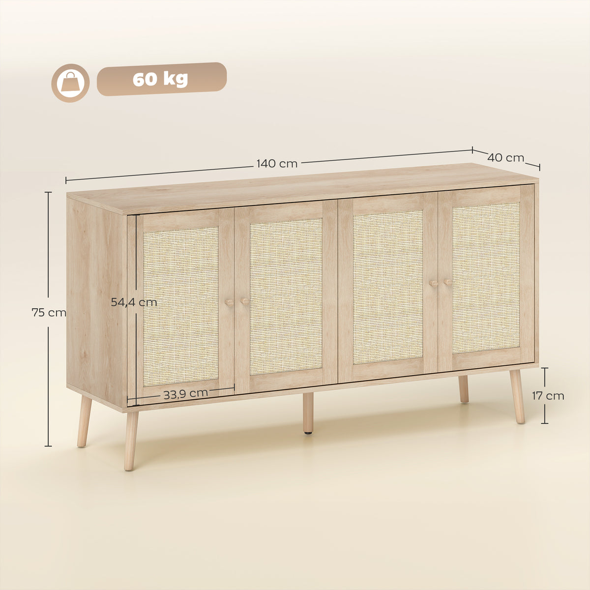 Buffet salon meuble de rangement placards à portes en cannage et étagère réglable 140 x 40 x 75 cm effet bois naturel