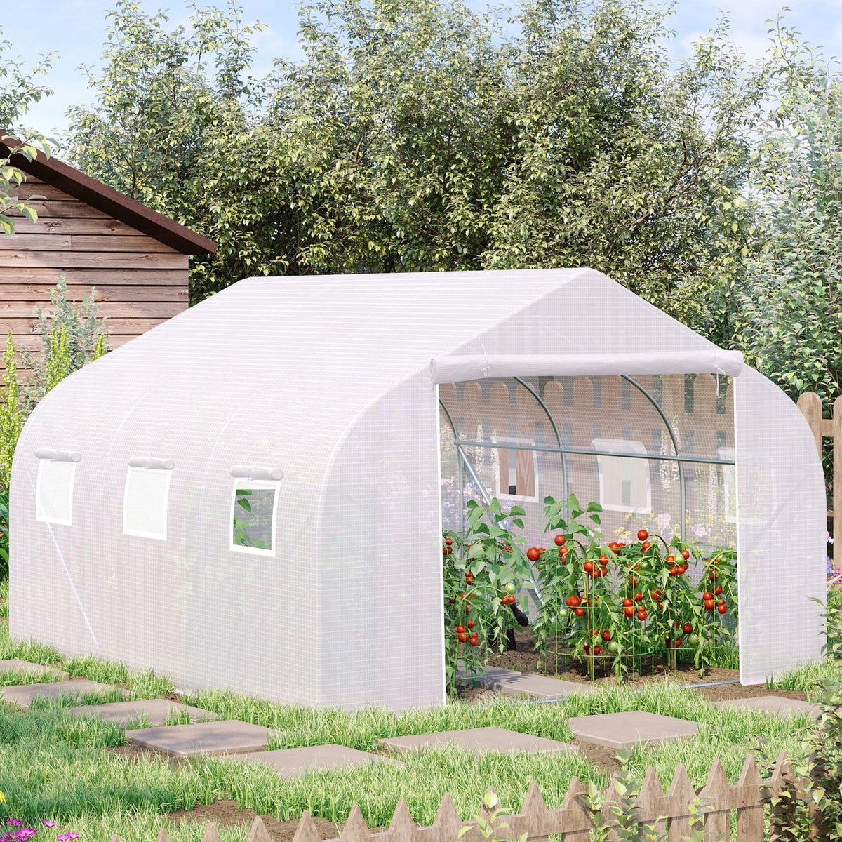 Serre Tunnel de Jardin 10,5 m² dim. 3,5L x 3l x 2H m Porte + 6 fenêtres enroulables Acier galvanisé bâche PE Haute densité Blanc
