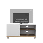 Meuble TV sur roulettes avec 2 Freins - 2 niches + Placard Porte 2 Passe-Fil - en bois Blanc chêne Clair