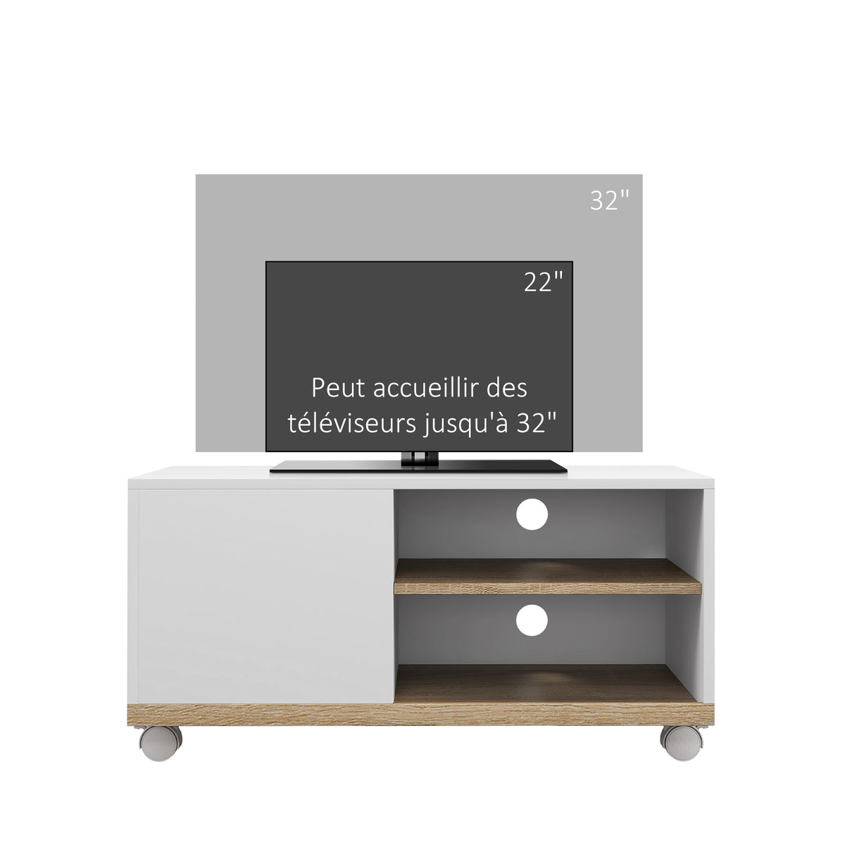Meuble TV sur roulettes avec 2 Freins - 2 niches + Placard Porte 2 Passe-Fil - en bois Blanc chêne Clair