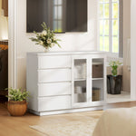 Buffet salon, meuble de rangement avec 4 tiroirs et 2 portes en verre trempé, étagère réglable, 120 x 40 x 91 cm, blanc