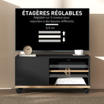 Meuble TV sur roulettes avec 2 Freins - 2 niches + Placard Porte 2 Passe-Fil - en bois Noir chêne Clair