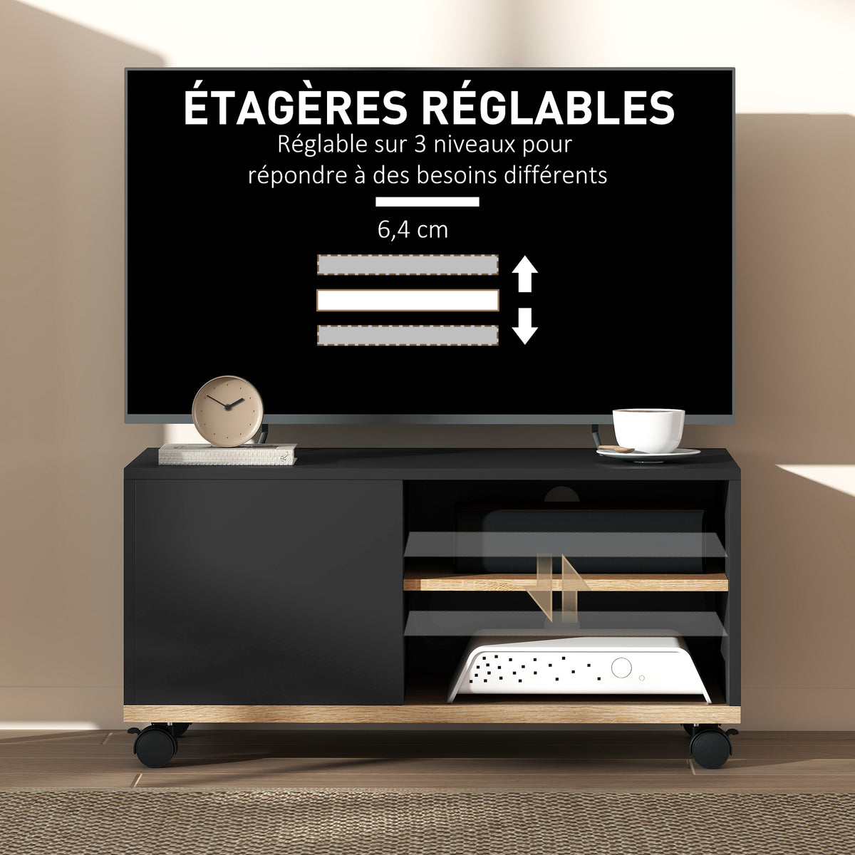 Meuble TV sur roulettes avec 2 Freins - 2 niches + Placard Porte 2 Passe-Fil - en bois Noir chêne Clair