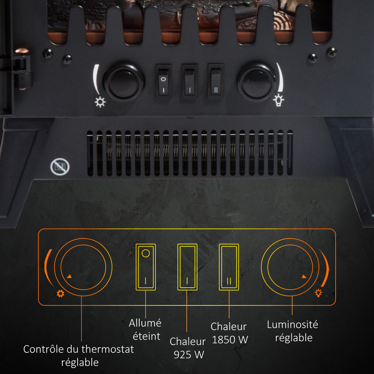 Cheminée électrique radiateur Imitation Flamme avec luminosité et réglable 925 W / 1850 W Porte métal Verre trempé Noir