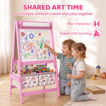 3-in-1 Dubbelzijdige Kinderezel, Lessenaar en Witbord, Papierrol, Manden, Plank, 3-8 Jaar, Roze