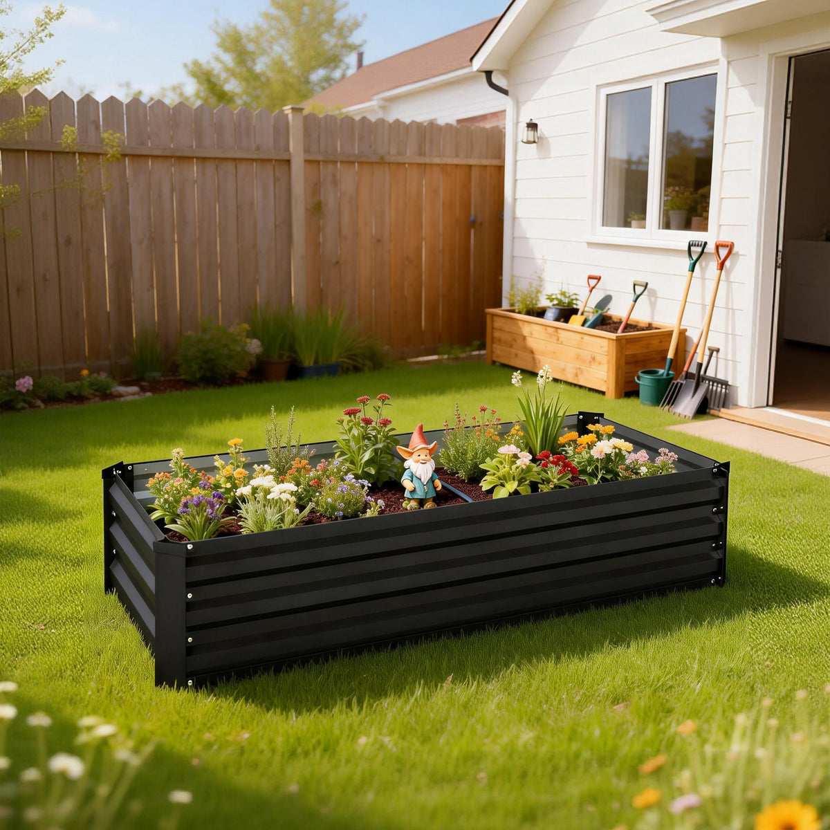 Jardinière rectangulaire potager de jardin en acier galvanisé bordure de sécurité et fond ouvert 150x70x30cm gris foncé