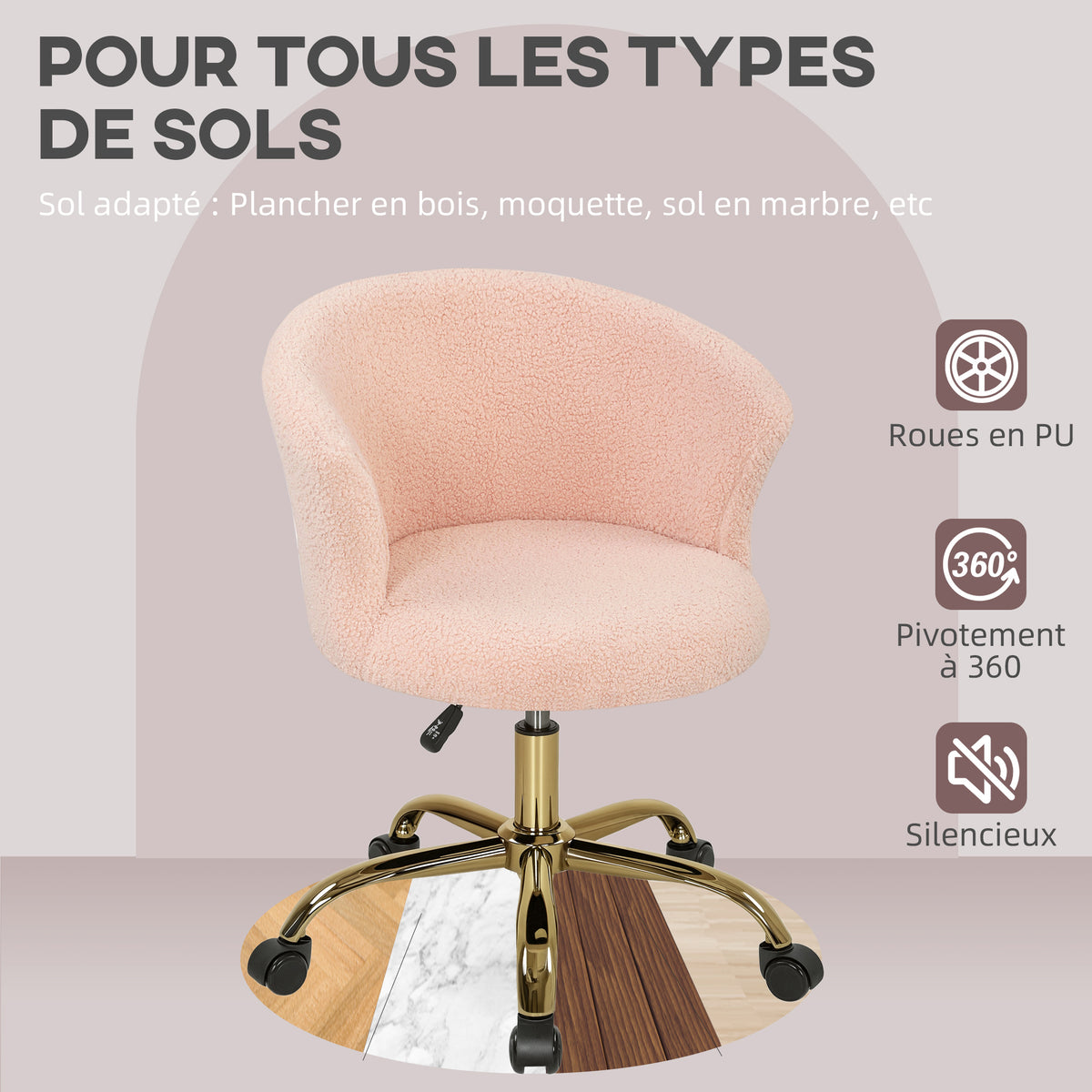 Chaise de bureau, fauteuil de bureau ergonomique réglable en hauteur, siège pivotante, piètement en acier, rose