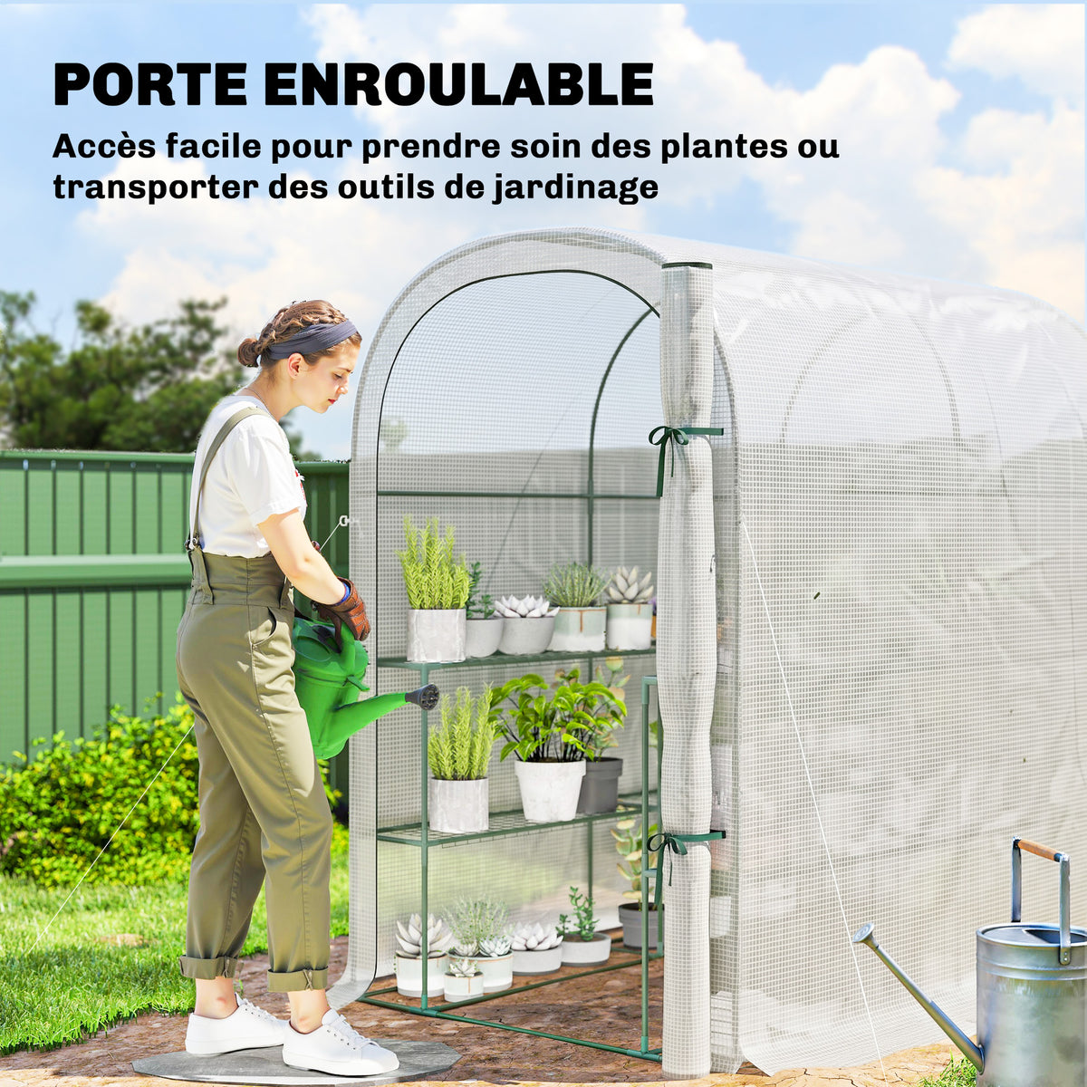 Serre de jardin avec étagères, 123x187x189cm, petite serre avec porte enroulable, bâche PE haute densité 140 g/m², blanc