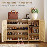Meuble à chaussures en bambou 18 paires, armoire à chaussures avec portes persiennes et étagères réglables, bois naturel