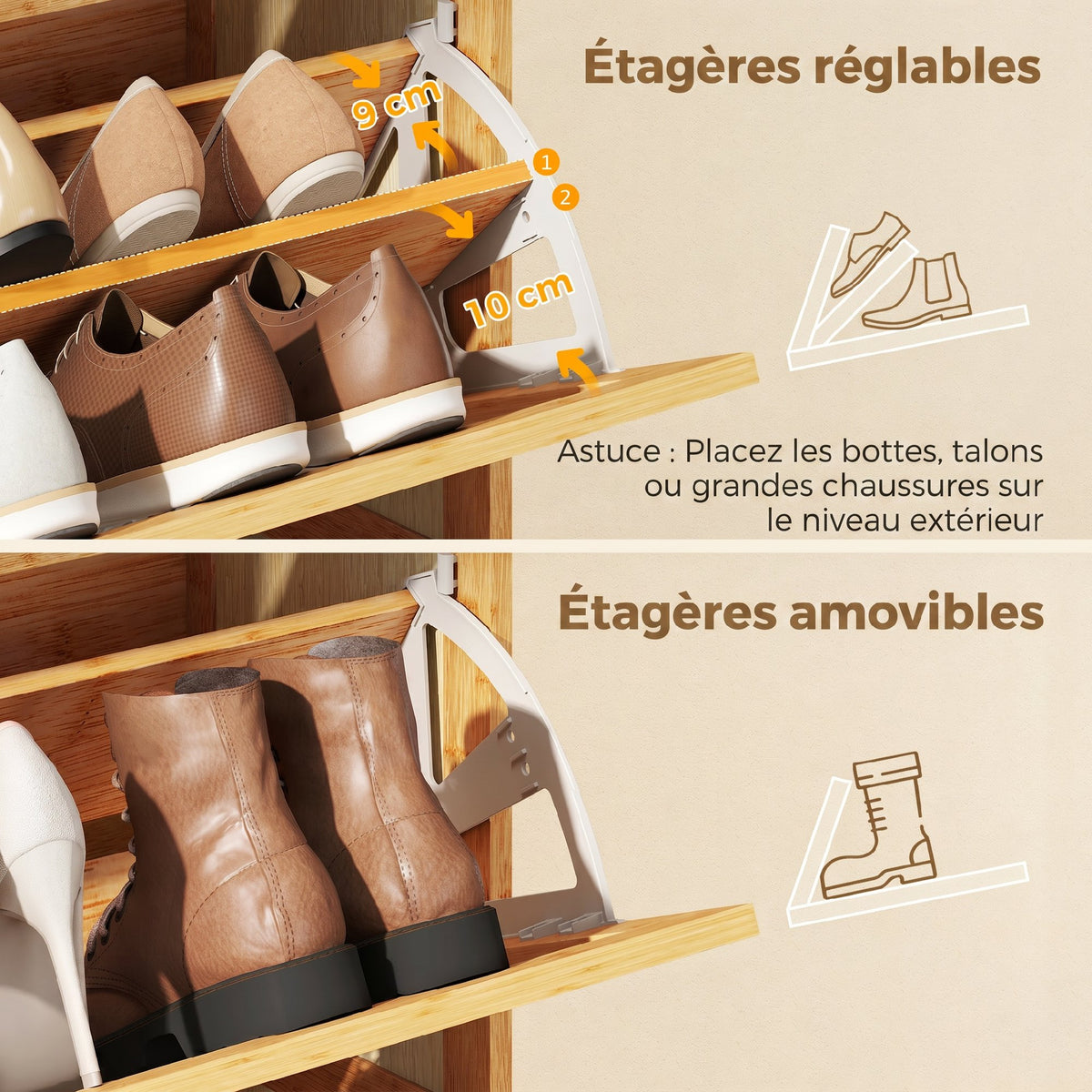 Meuble à chaussures 14 paires, armoire à chaussures 3 tiroirs rabattables, étagères réglables 69x29x119,8cm bois naturel