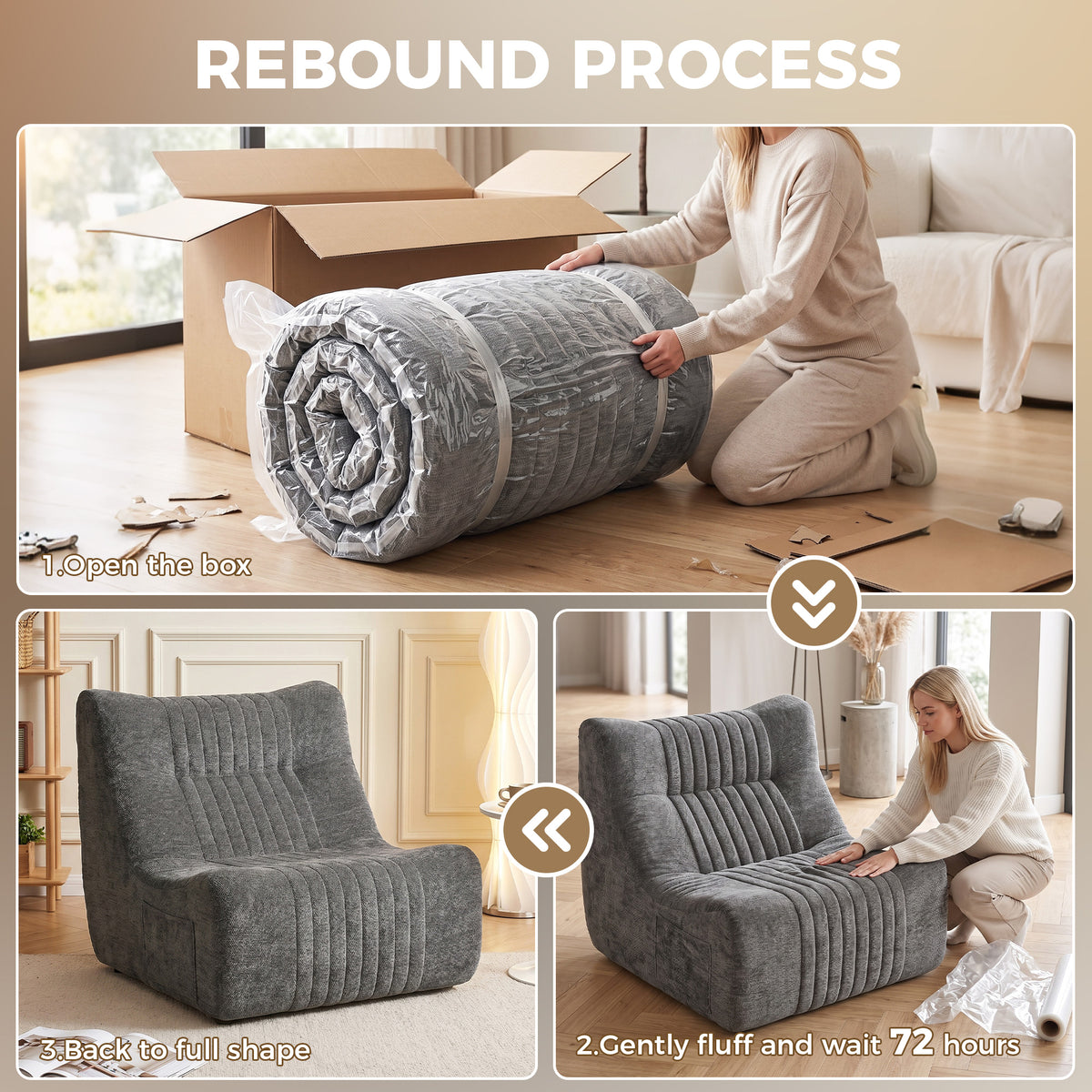 Fauler Sofa-Bodenstuhl in Schmetterlings-Silhouette mit Seitentaschen, kein Zusammenbau erforderlich, 80x90x76cm, Kastaniengrau