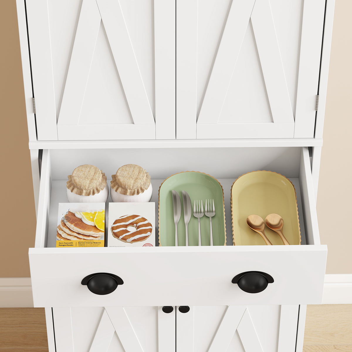 Aparador alto de cocina, armario de cocina con 4 puertas, cajón y estantes ajustables, estilo rústico, 62x38x173cm, blanco