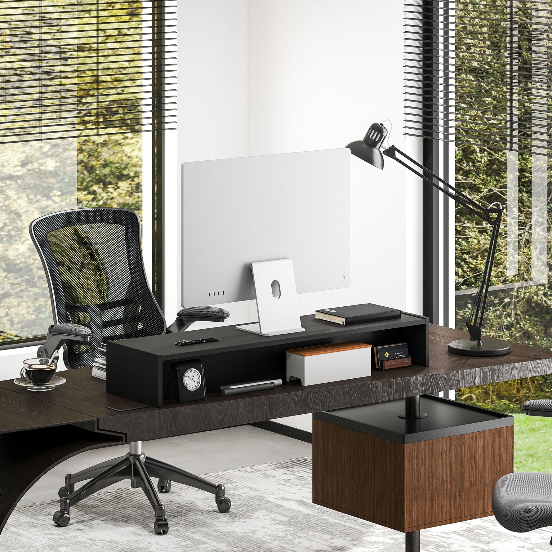 Rehausseur écran PC bureau support d'écran d'ordinateur de 100 cm support moniteur avec deux compartiments, noir