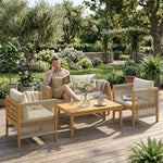 Salon de Jardin Ensemble de Mobilier 4 Pièces en Bois d'Acacia Coussins Déhoussables et Corde Tressée Naturel