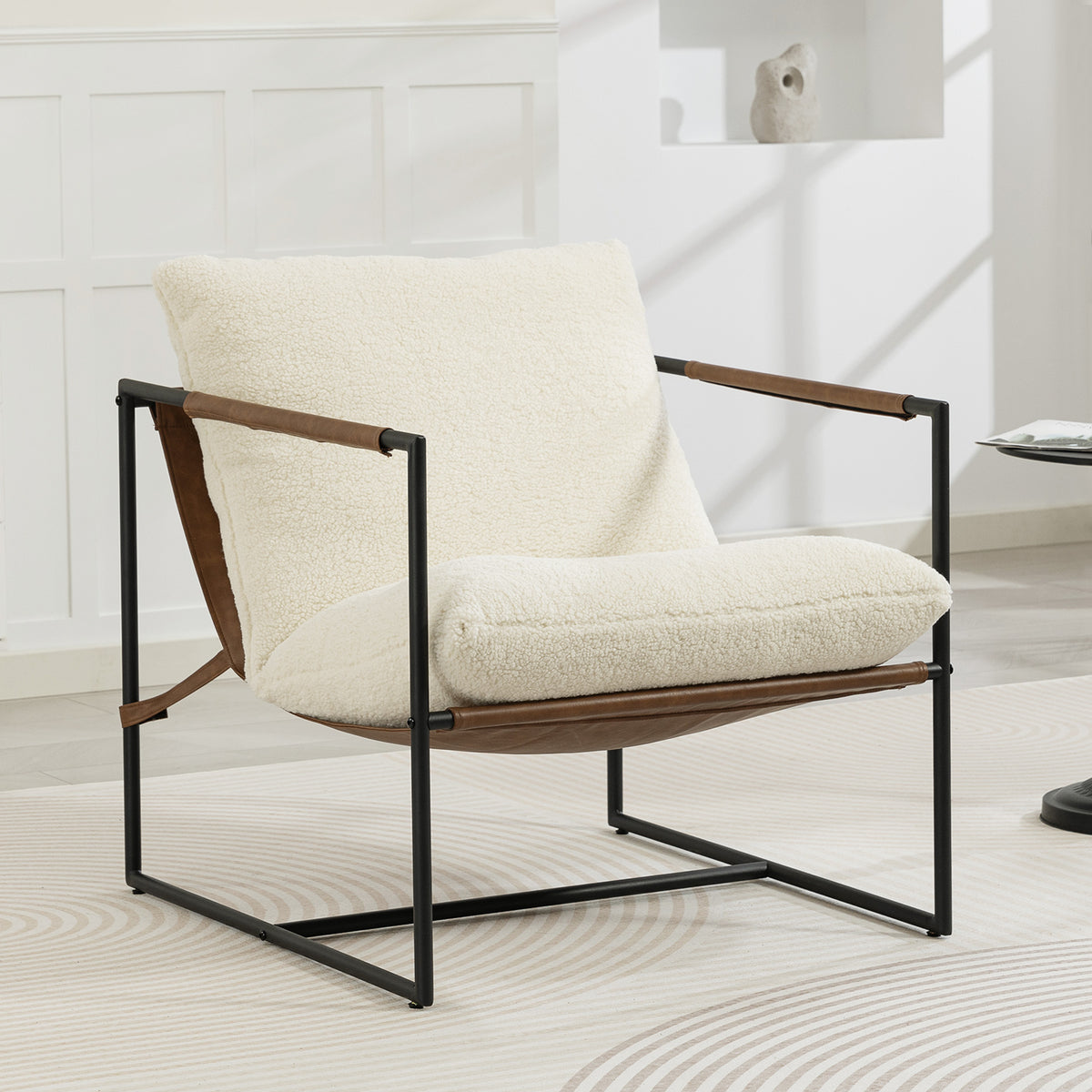 Sillón de salón, sillón auxiliar tapizado en tela de borreguito, asiento ancho y estructura de acero, 77x91x80cm, crema