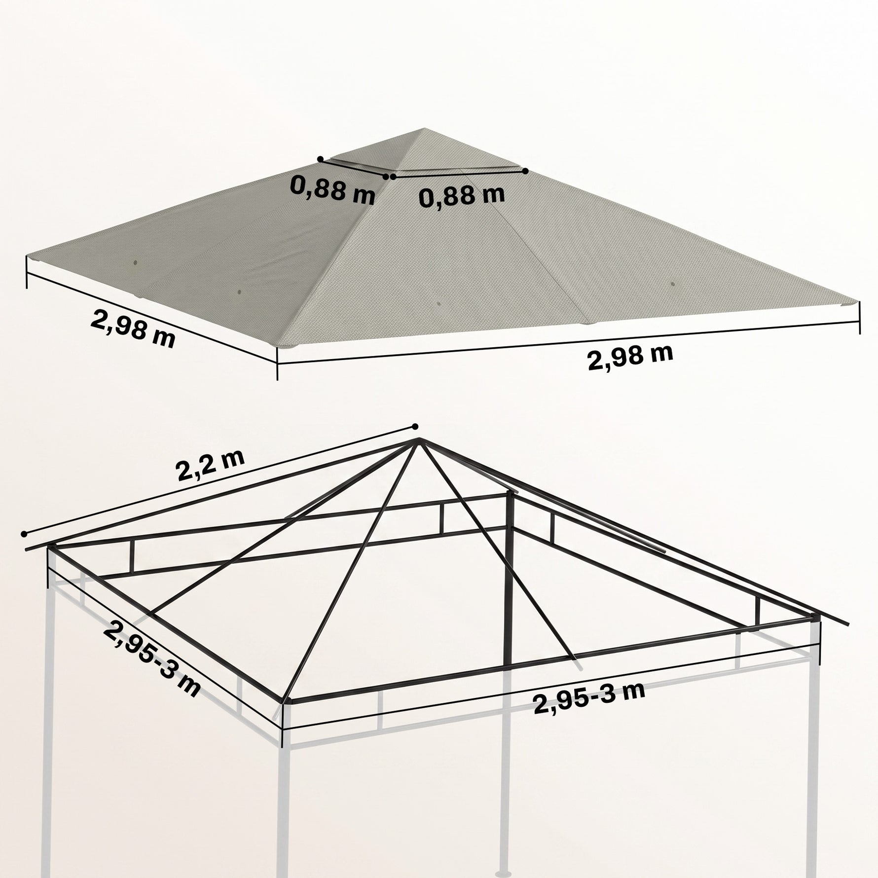 Toile de rechange pour pavillon tonnelle tente toit de remplacement gazebo de jardin polyester 180 g/m² 3 x 3 m gris