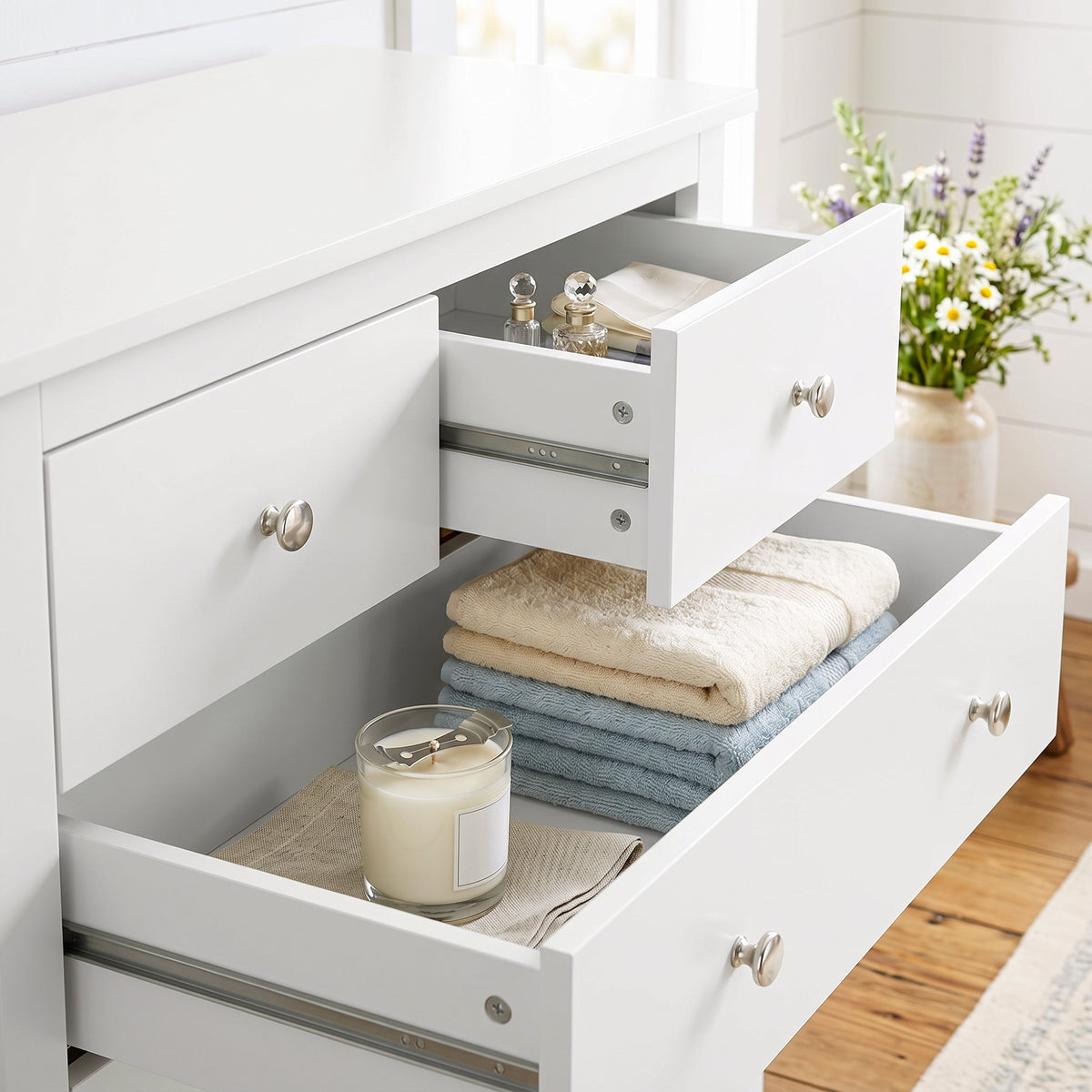 Commode à 5 tiroirs, meuble de rangement, avec poignées, glissières métalliques,  en bois, 79l x 39,5P x 80,5H cm, blanc