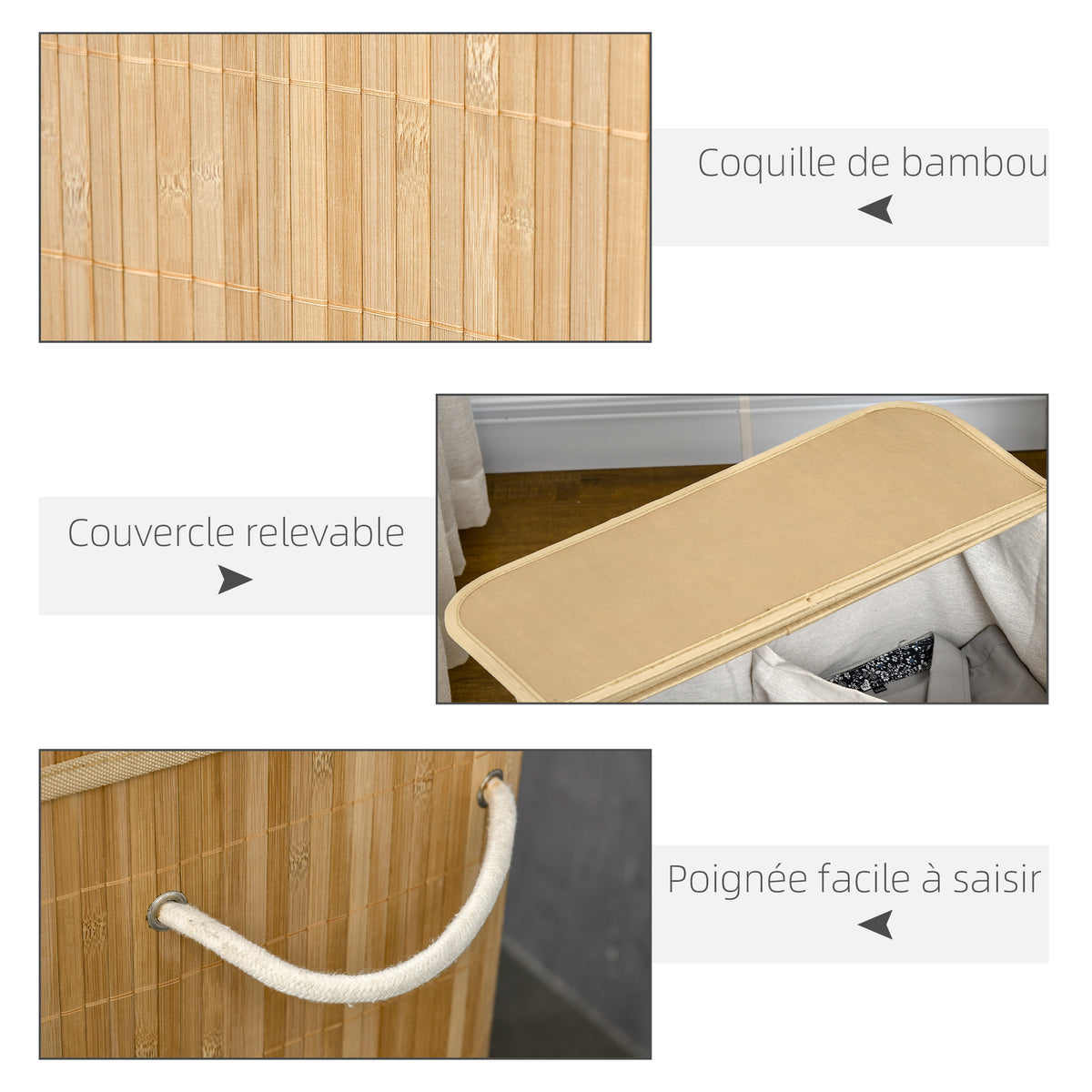 Panier à linge en bambou avec couvercle et poignées capacité 90 litres avec 2 sections et un sac amovible en tissu - 54,2 x 35,2 x 59,5 cm