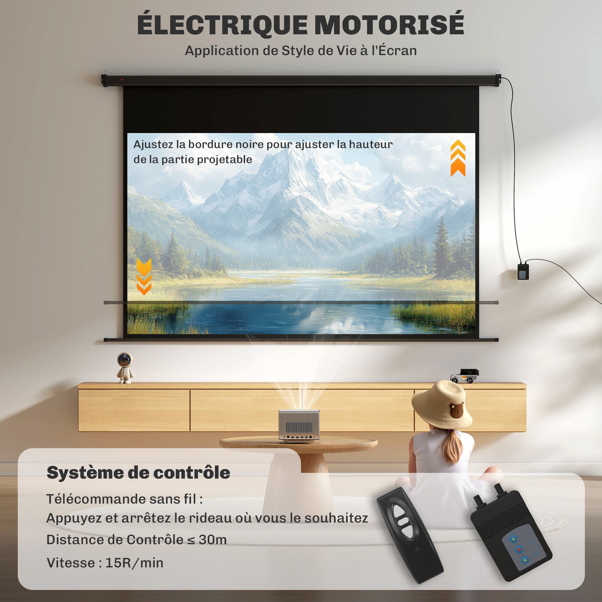 Écran vidéoprojecteur 100 Pouces, 16:9 4K HD montage mural ou plafond, panneau de commande et télécommande