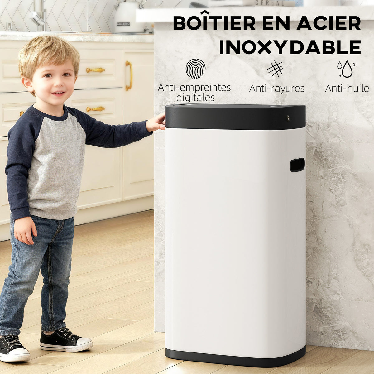 Pattumiera da cucina automatica 50L, pattumiera con sensore di movimento, a batterie, 26,5x35,5x68cm, crema