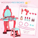 Coiffeuse Enfant Fille avec Tabouret, Miroir, Lumière, Musique, Accessoires, 3-6 Ans, 57x34x76cm, Multicolore
