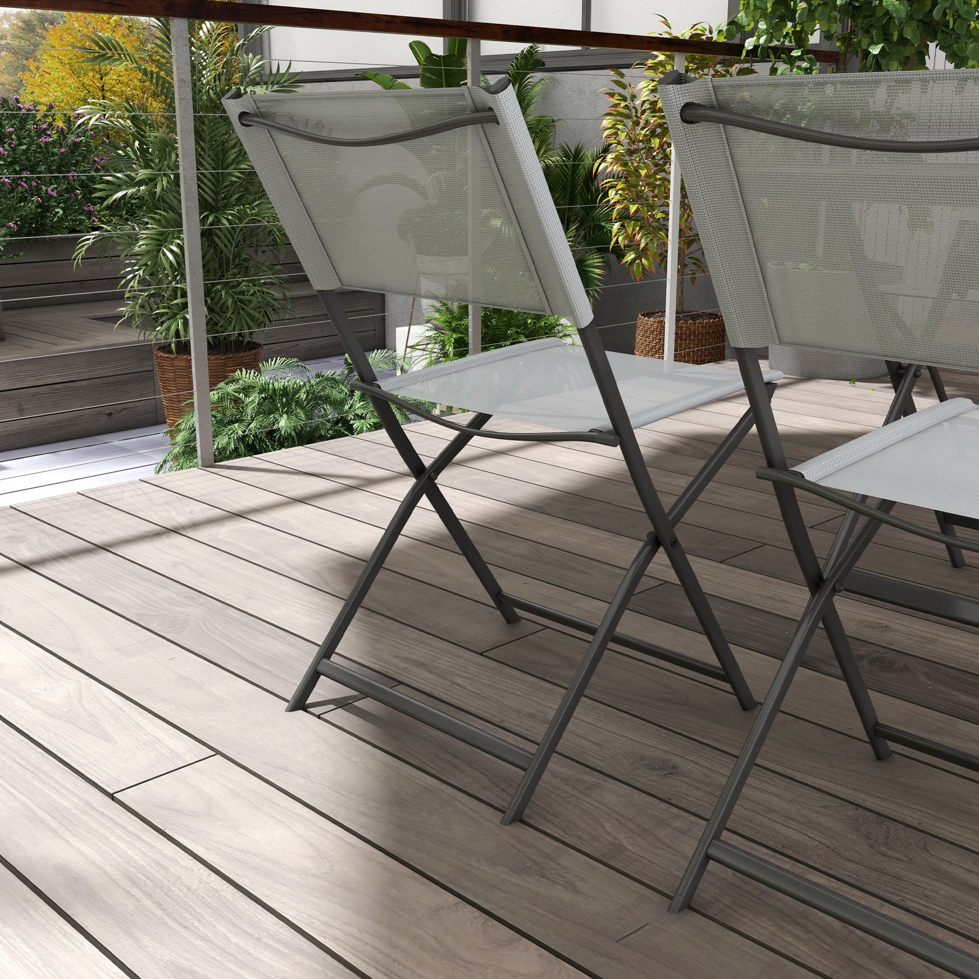 Ensemble de jardin 4 chaises + 1 table salon de jardin 5 pièces pilables chaises textilènes plateau en verre trempé gris